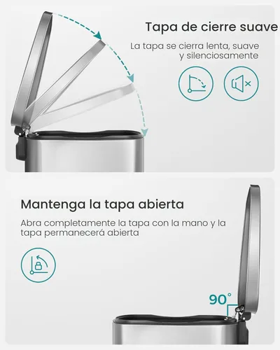 Miniatura 4 de SONGMICS Cubo de basura de 13 galones (50 L), cubo de basura de cocina de acero inoxidable, reciclaje o contenedor de residuos, cierre suave, pedal