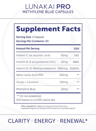 Miniatura 6 de Lunakai Cápsulas azul de metileno fabricadas en Estados Unidos de grado farmacéutico con vitamina C, B6, B12 – Suplemento diario de apoyo cerebral
