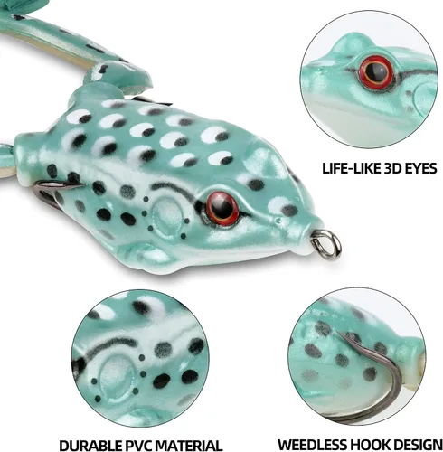 Miniatura 5 de RUNCL Topwater - Señuelos de rana – 5 piezas de cebos de silicona duraderos y realistas para agua dulce y salada, señuelos flotantes realistas
