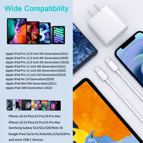 Miniatura 6 de Cargador rápido para iPad, cargador de iPad Pro de 20 W con cable de carga de 10 pies para iPhone 17/17 Pro/17 Air/16, iPad A16/10th, iPad Air 13/11