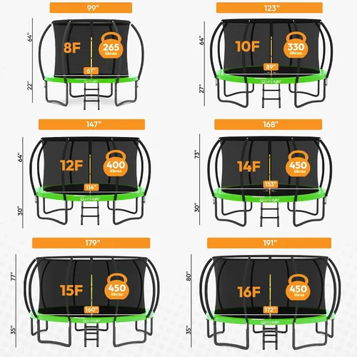Miniatura 8 de Jumpzylla - Cama elástica recreativa para niños, con red de seguridad, escalera y revestimiento antioxidante, de 8, 10, 12, 14, 15 y 16 pies