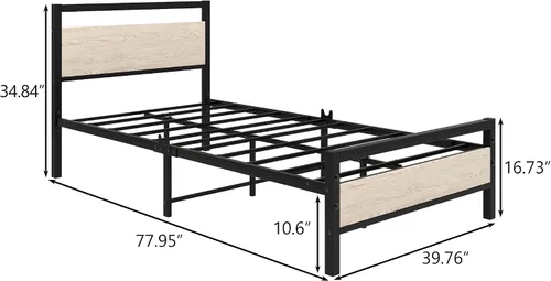 Miniatura 2 de HOJINLINERO Marco de cama individual con cabecera de madera, marco de cama de metal con plataforma individual, no necesita somier, listones de acero