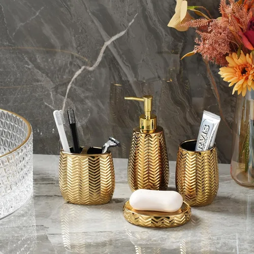 Miniatura 6 de Juego de 4 accesorios de baño, accesorios de baño de cerámica dorada completos con dispensador de jabón, soporte para cepillos de dientes, vaso