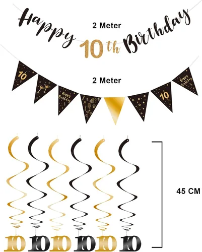 Miniatura 3 de Kit de decoración de cumpleaños número 10, pancarta de feliz décimo remolino, banderines triangulares para decoraciones de fiestas, negro y dorado