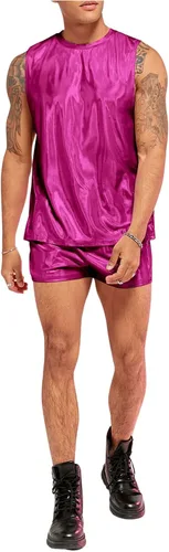 Miniatura 3 de WDIRARA Conjunto de 2 piezas para hombre, camiseta sin mangas holográfica y pantalones cortos con cordón