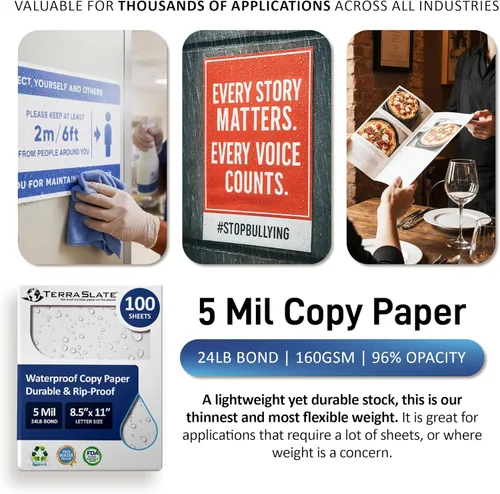 Miniatura 6 de TerraSlate Papel impermeable de alta calidad, 5 milésimas de pulgada de grosor y 8.5 x 11 pulgadas, compatible con impresora láser y copiadora