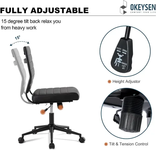 Miniatura 6 de Okeysen Silla de escritorio de oficina sin brazos, ergonómicas giratorias negras sin brazos para sala de conferencias, altura ajustable, silla