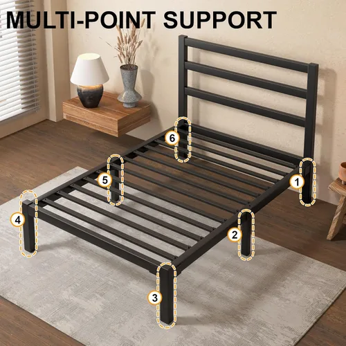 Miniatura 6 de E-Motie - Base de cama de tamaño individual, marco de cama de plataforma metálica con cabecero y estribo, espacio de almacenamiento debajo