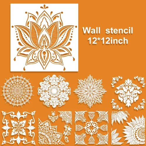 Miniatura 2 de Paquete de 9 plantillas reutilizables grandes (12 x 12 pulgadas) con diseño de mandala, plantilla de pintura cortada con láser, para piso, pared