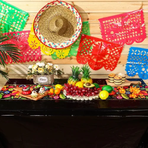 Miniatura 5 de Preboun Mantel de plástico mexicano y pancarta de papel picado mexicano, suministros de decoración de fiesta, cubierta de mesa para mesas