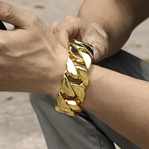Miniatura 6 de ROWIN&CO Jewelry - Enorme pulsera gruesa de 1.260 in para hombre, resistente, chapado en oro amarillo de 18 quilates, cadena cubana de acero