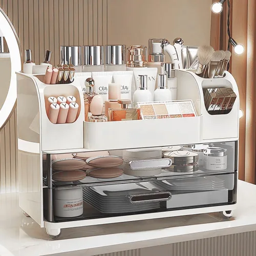 Miniatura 8 de Organizador de maquillaje con cajones para tocador, organizador de encimera de baño con soporte para brochas, organizador de almacenamiento