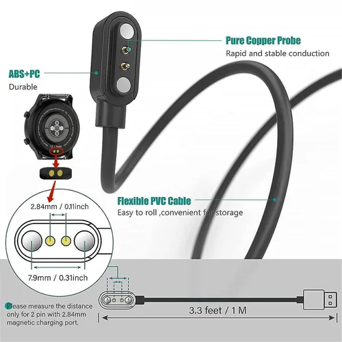 Miniatura 5 de Cable cargador de reloj inteligente, universal de 2 pines 0.112 in, cable de carga USB de succión magnética para reloj inteligente, cable de carga