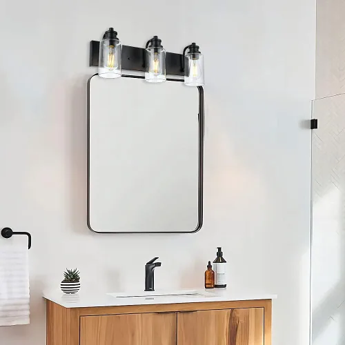 Miniatura 5 de Lámpara de baño vintage de 3 cabezales en acabado negro mate, pantalla de vidrio transparente clásica, iluminación de baño sobre espejo, lámpara