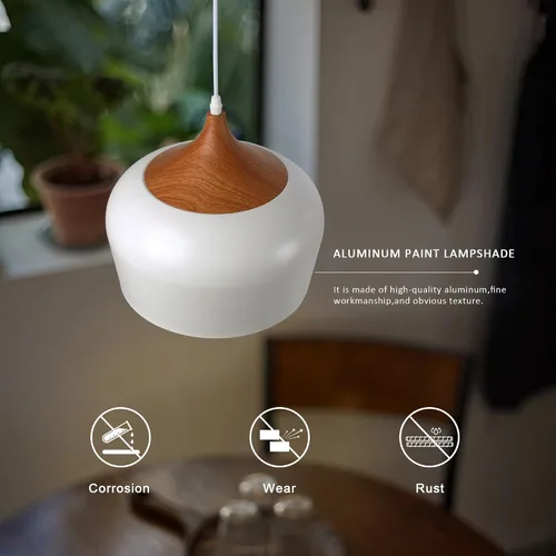 Miniatura 2 de SUNLLOK Lámpara colgante blanca moderna, con patrón de madera, cúpula minimalista hacia abajo, lámpara colgante de techo, lámpara industrial