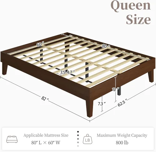 Miniatura 2 de Yaheetech Base de cama Queen con plataforma de madera maciza natural con soporte de listones de madera, espacio debajo de la cama de 7.3 pulgadas