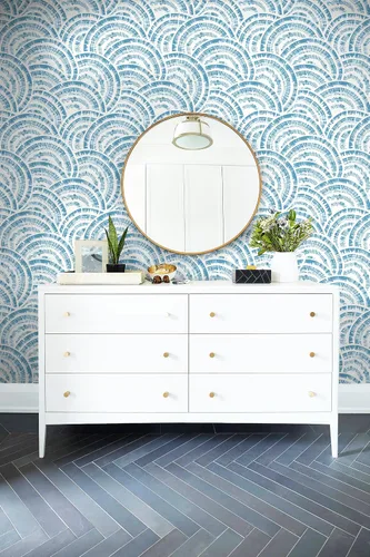 Miniatura 8 de Toduso Papel tapiz geométrico de 17.3 x 196.8 pulgadas, papel tapiz para despegar y pegar, papel de pared de círculo azul blanco y azul, papel