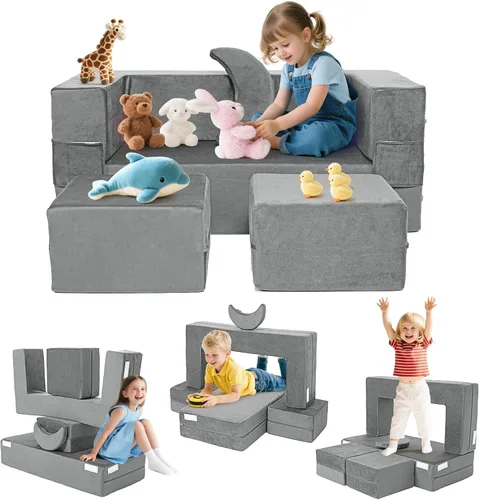 Miniatura 14 de Sofá modular de juego para niños, 13 piezas, sofá de espuma de alta densidad, muebles de sala de juegos convertibles con funda de terciopelo suave