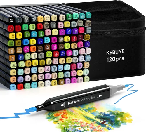 Kebuye Juego de marcadores de arte de alcohol de 120 colores, mezclador de doble punta para dibujar, dibujar, colorear, subrayar, marcadores de
