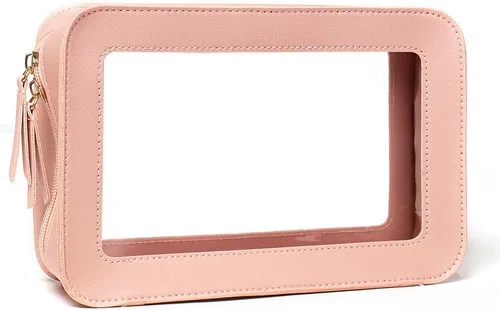 Bolsa de maquillaje transparente pequeña, aprobada por la TSA, bolsa de aseo portátil con cremallera, bolsa de viaje para cosméticos, estuche Rosa