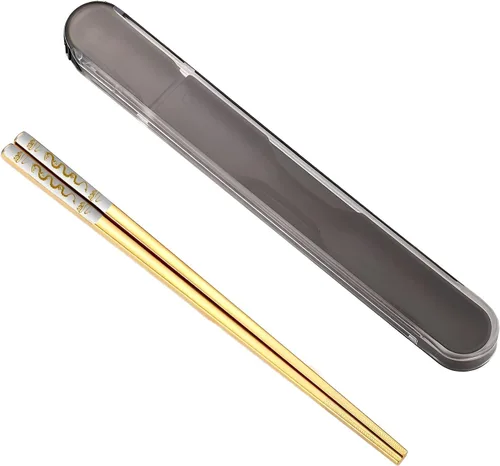 Miniatura 12 de Palillos portátiles con diseño de tira, juego de palillos de metal reutilizables de acero inoxidable con revestimiento de titanio para la escuela