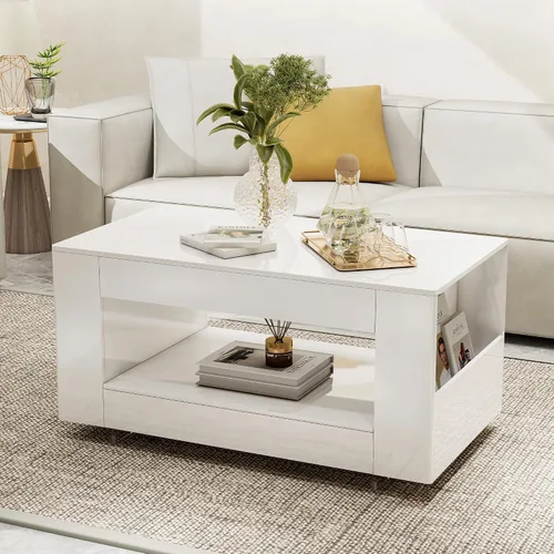 Miniatura 13 de Mesa de centro de grano de madera con estante abierto, mesa de cóctel moderna de alto brillo para sala de estar, dormitorio, oficina