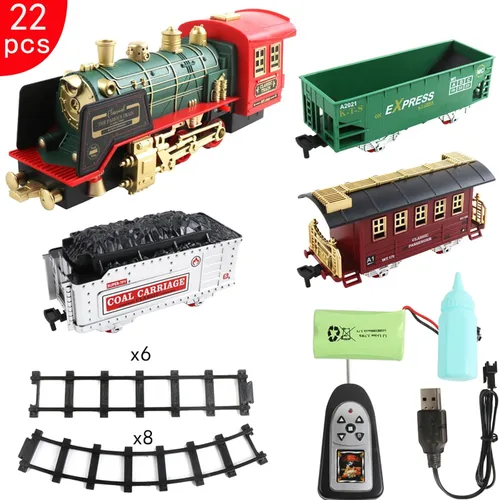 Miniatura 6 de Tren eléctrico de Navidad con control remoto con humo, luces, sonido, locomotora, automóviles y transporte remoto, recargable por USB, con pista