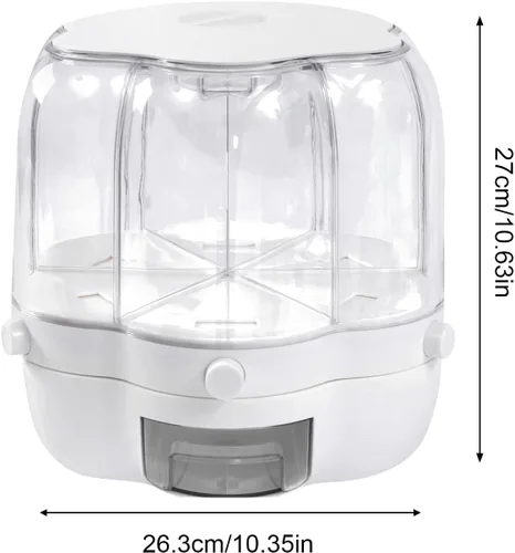 Miniatura 5 de Dispensador de arroz giratorio grande con 6 rejillas de almacenamiento de cereales, cubo de arroz blanco, contenedor de arroz integral con tapa