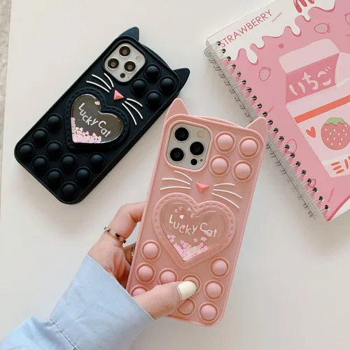 Miniatura 4 de Pop Case para iPhone 12/12 Pro, Funda de silicona con burbujas de gato negro afortunado de dibujos animados, brillo, estrellas, burbujas de arena