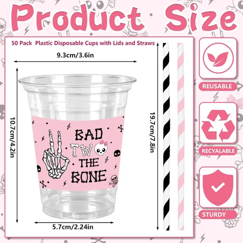 Miniatura 2 de JarThenaAMCS 50 Vasos de Plástico de Halloween con Tapas y Pajitas Vaso para Beber 12oz Rosa Negro Calavera Bad Two The Bone Vasos Desechables