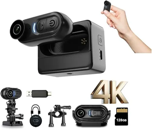 Mini cámara corporal 4K de 128 GB, cámara corporal de acción de tamaño pulgar, cámaras deportivas portátiles, grabación POV manos libres, soporte