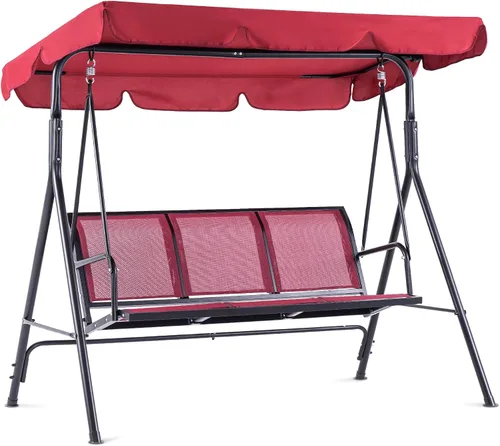 Mcombo 4507 - Silla columpio para patio exterior, para 3 personas, con montura de acero, asientos de textilencia y toldo (color borgoña)