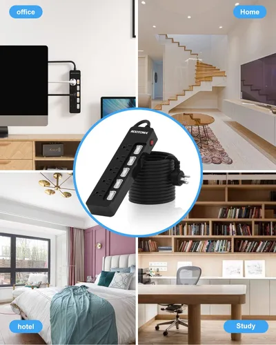 Miniatura 8 de Cable de extensión negro para electrodomésticos con interruptores individuales de encendido y apagado - 6 pies, cable de extensión resistente