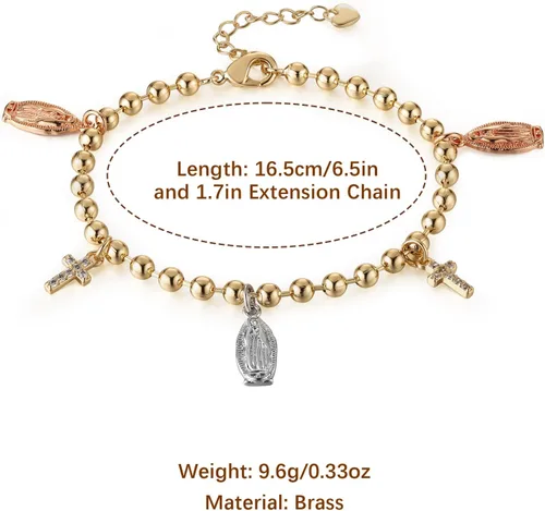 Miniatura 53 de HZMAN Pulsera de cruz con cuentas de rosario virgen de Guadalupe ajustable para mujer, regalo de joyería