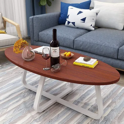 Miniatura 2 de Mesa de Centro - Mesa de centro moderna ovalada de madera de fibropanel de densidad media, mesa de té pequeña con patas de metal, mesa auxiliar