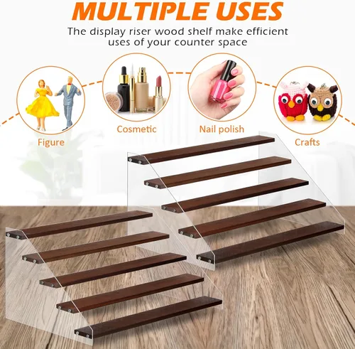 Miniatura 5 de Queekay Paquete de 4 soportes elevadores grandes de madera acrílica transparente de 5 niveles para eventos de proveedores, organizador de perfumes