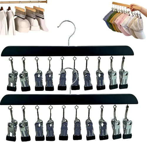 Miniatura 7 de Organizador de armario con 10 clips, organizador colgante de armario ajustable de madera para armario, colgador de pantalones de acero inoxidable