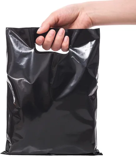 Miniatura 2 de ysmile Pequeña bolsa de compras de plástico negro para pequeñas empresas Bolsa de mercancía de plástico con asa Poli troquelado para venta al por