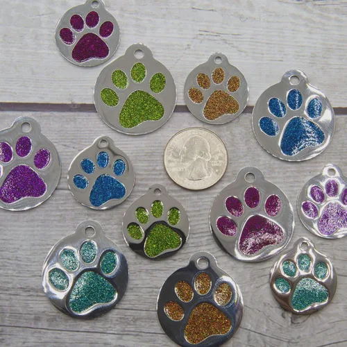 Miniatura 2 de Etiqueta grabada para mascotas para perros y gatos, personalizada con 4 líneas de identificación grabada, huella de pata redonda, acero inoxidable