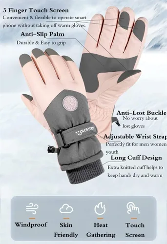 Miniatura 2 de JJZS Guantes de nieve de esquí de invierno para hombres, mujeres, jóvenes Guantes de calentamiento de manos impermeables para pantalla táctil