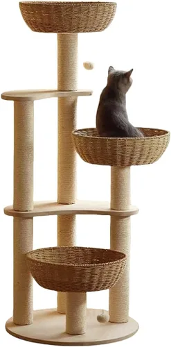 Miniatura 4 de Árbol Moderno de Madera para Gatos Grandes, Torres Sólidas de Árboles para Gatos de Roble de Ratán de Lujo, 3 Nidos de Gatos Tejidos y Cojines