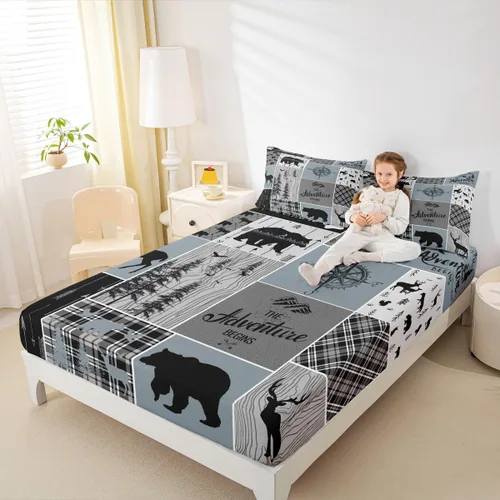 Miniatura 42 de Sábana bajera de retazos rústicos, sábanas de ciervos de oso para niños, adolescentes, adultos, mujeres, juego de ropa de cama rústica de granja