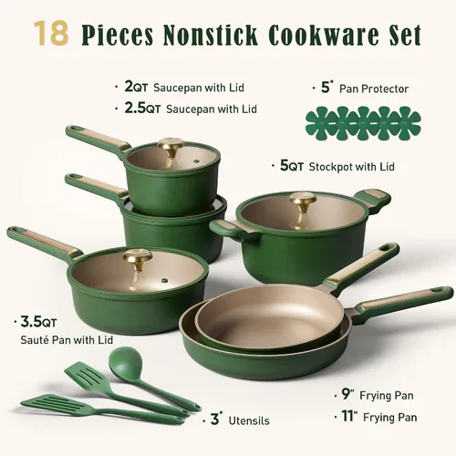 Miniatura 2 de CAROTE Juego de ollas y sartenes, juego de utensilios de cocina antiadherentes, juego de cocina listo para inducción, no tóxico, verde