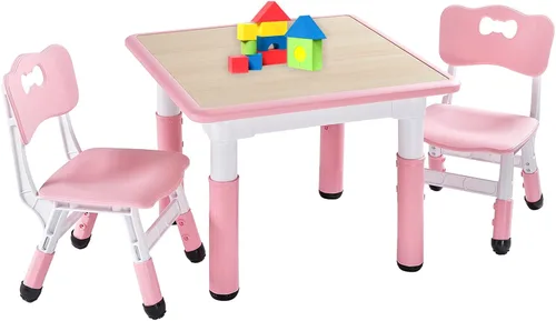 FUNLIO - Juego de mesa y 2 sillas para niños, juego de mesa y silla ajustables en altura para niños de 3 a 8 años, mesa fácil de limpiar para Rosa