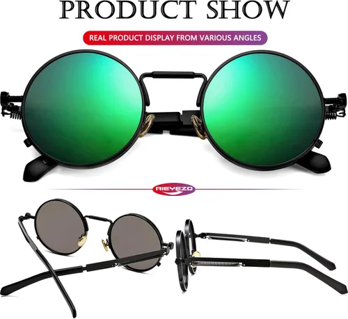 Miniatura 5 de AIEYEZO Gafas de sol redondas Steampunk Circle Lennon Gafas de sol góticas marco de metal 100% lente de bloqueo UV