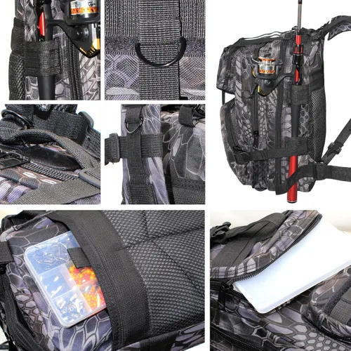 Miniatura 6 de Mochila ligera para aparejos de pesca, resistente al agua, soporte para caña de pescar todo en uno y almacenamiento de equipo Negro