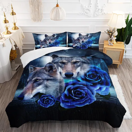 Miniatura 30 de AILONEN Juego de edredón con cabeza de lobo impresa tamaño individual, juego de ropa de cama de lobo para la noche para niños y hombres, juego