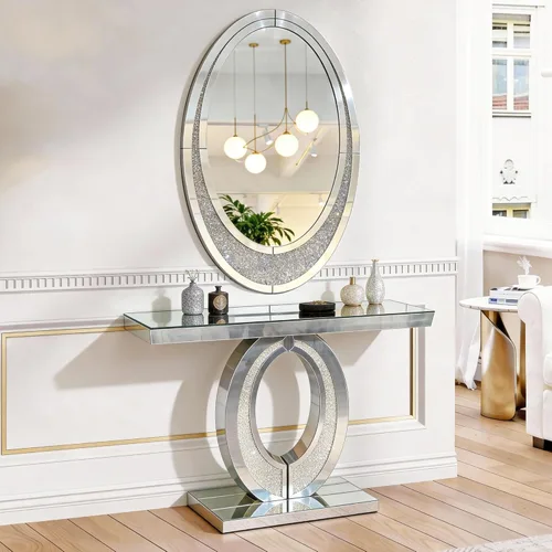 Miniatura 30 de Mesa Consola Negra con Espejo, Mesa de Sofá de Cristal Rectangular de 48 pulgadas con Elementos Tallados Vintage con Espejo, Muebles de Espejo