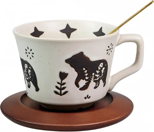 Miniatura 9 de Taza de café de cerámica vintage Taza de té de café de cerámica gruesa con platillo y cuchara de madera, taza de té y platillo de 12 onzas