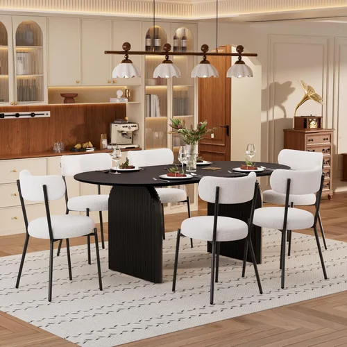 Miniatura 17 de Juego de mesa de comedor ovalada moderna de 70 pulgadas con 6 sillas de tela Boucle, mesa de MDF y base resistente a rayas, muebles de cocina